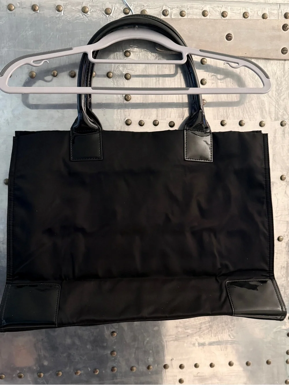 Tory Burch Black Logo Nylon Tote with Leather Trim
